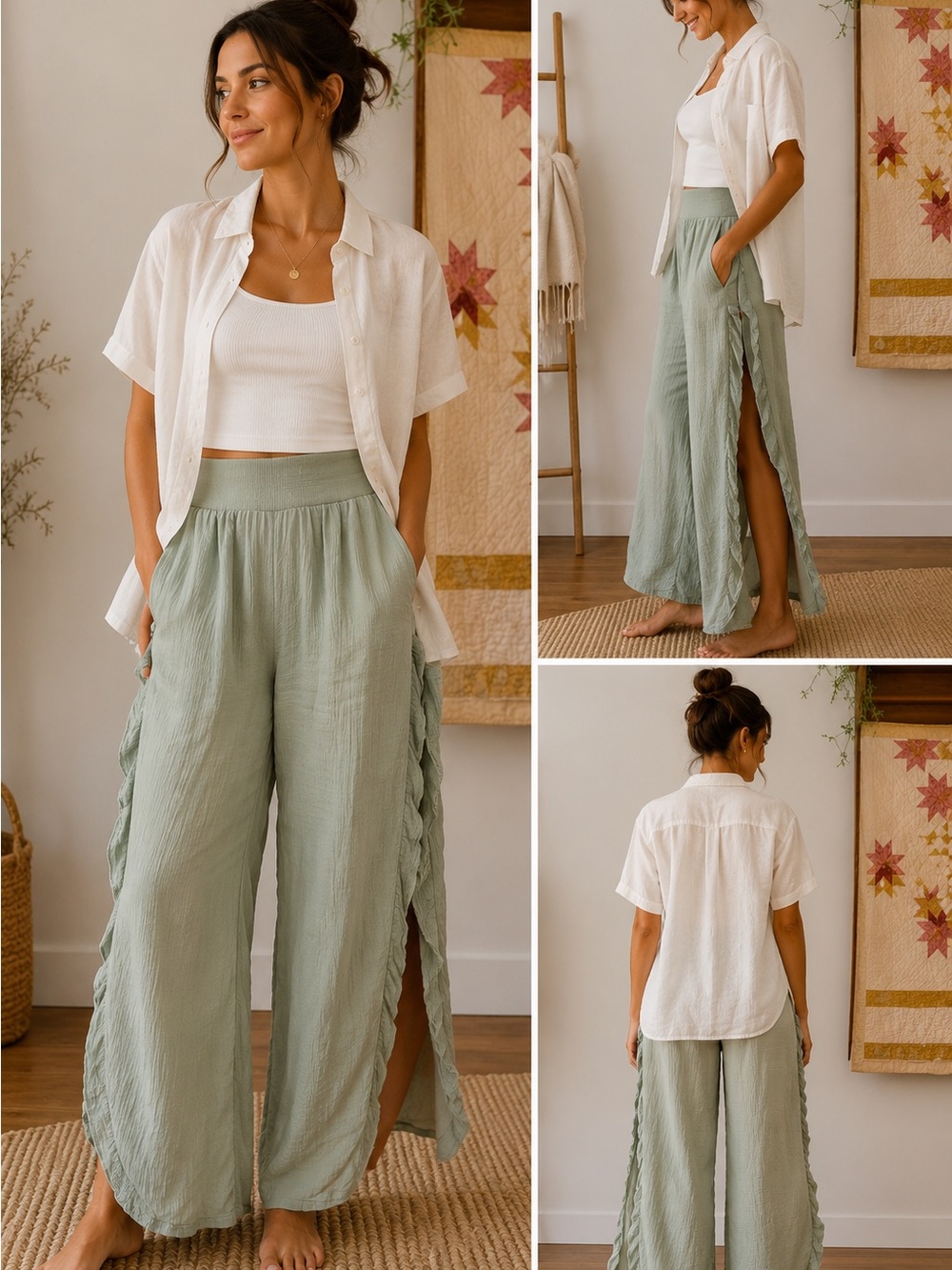 Sage Green Wide-Leg Split Palazzo Pants